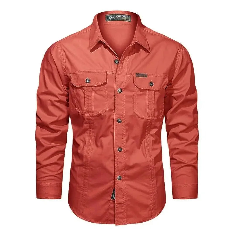 Men's Cargo Overshirt with Double Chest Pockets & Classic Collar - Flat Lay