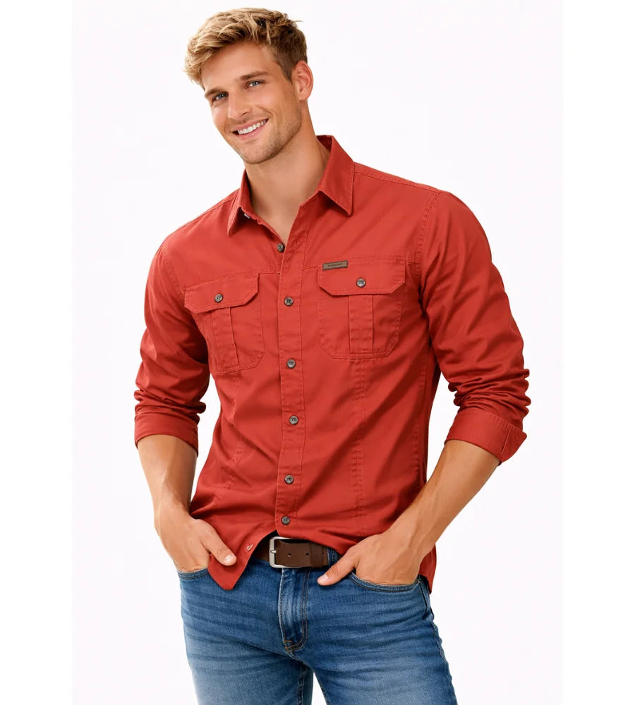 Red Men's Cargo Overshirt with Double Chest Pockets & Classic Collar
