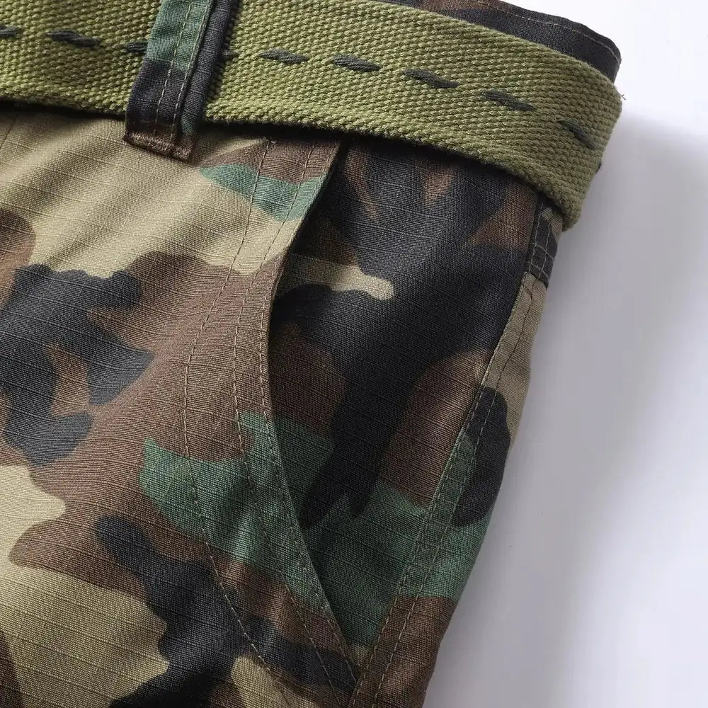 Women's Camo Cargo Pants with Multiple Pockets & Adjustable Hem - Fabric Close Up