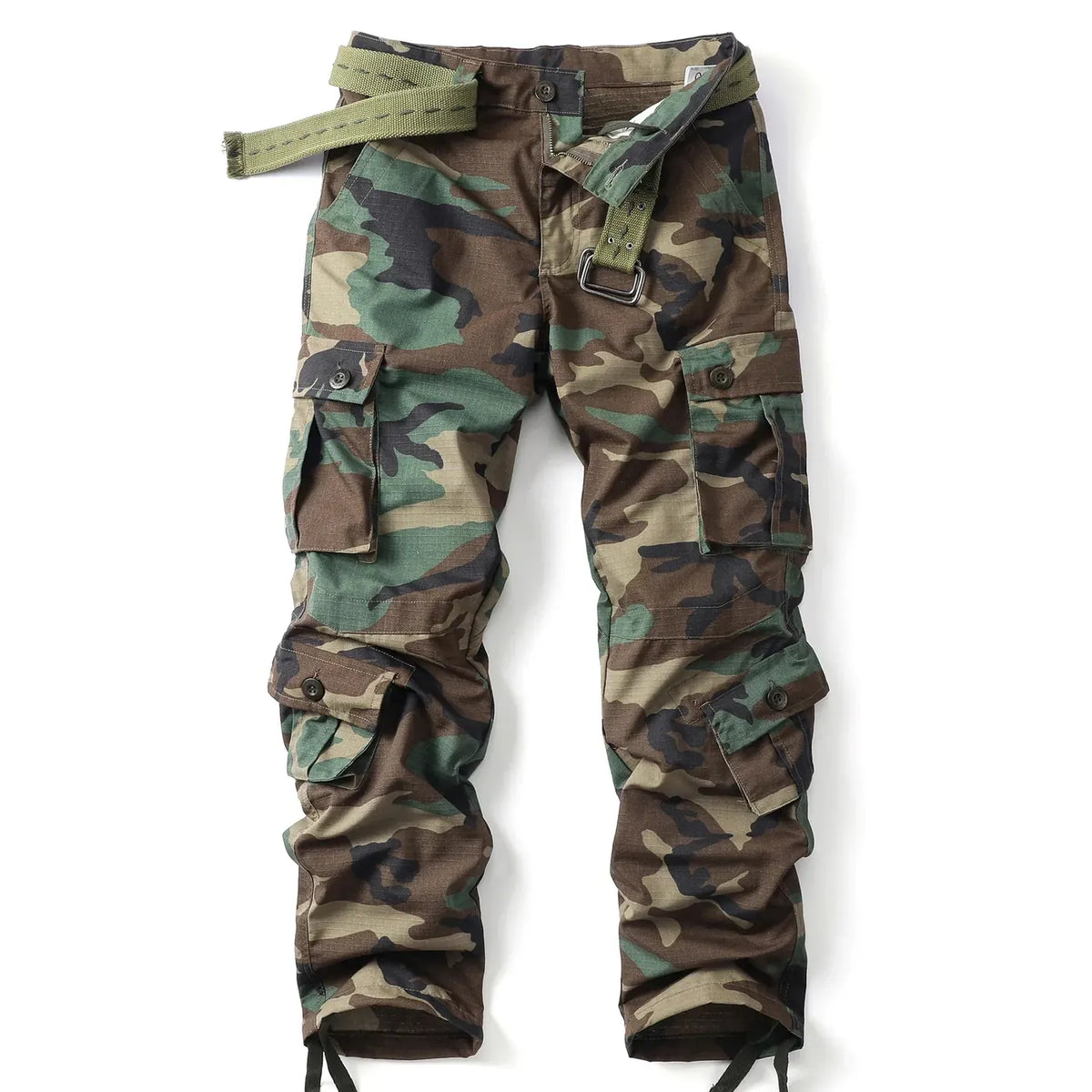 Women's Camo Cargo Pants with Multiple Pockets & Adjustable Hem - Front Full Flat