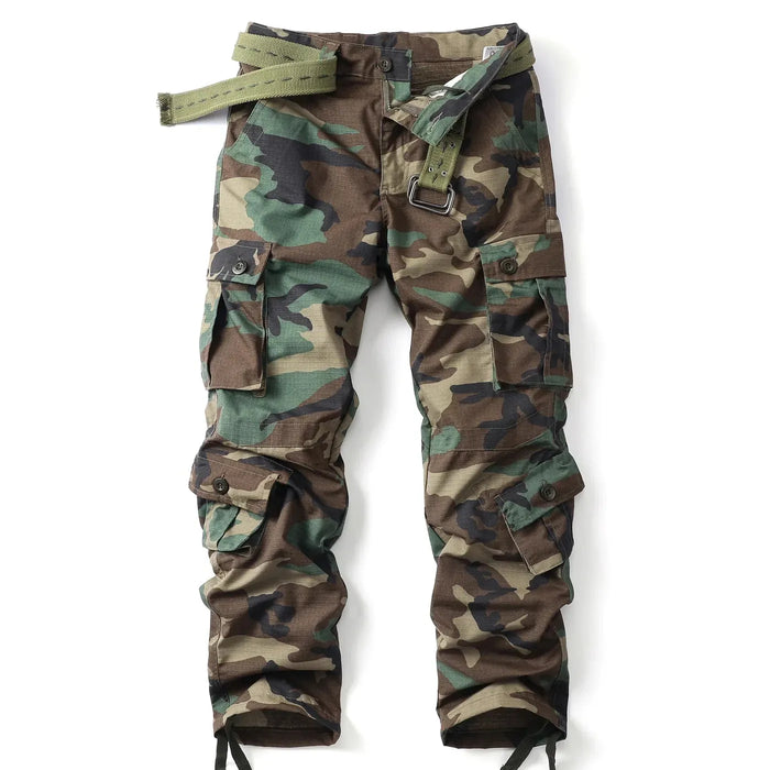 Green Women's Camo Cargo Pants with Multiple Pockets & Adjustable Hem