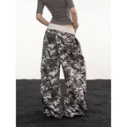 Women's Wide-Leg Camo Cargo Pants with Drawstring Waist & Cargo Pockets - Green Back Full