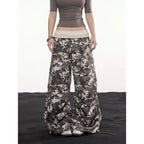 Women's Wide-Leg Camo Cargo Pants with Drawstring Waist & Cargo Pockets - Green Front Full Standing
