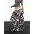 Army Green Women's Wide-Leg Camo Cargo Pants with Drawstring Waist & Cargo Pockets