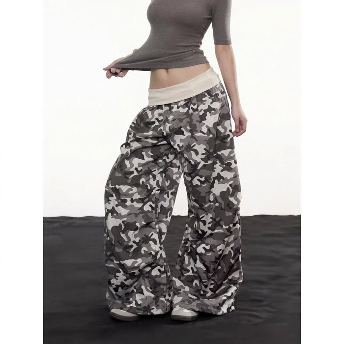 Army Green Women's Wide-Leg Camo Cargo Pants with Drawstring Waist & Cargo Pockets