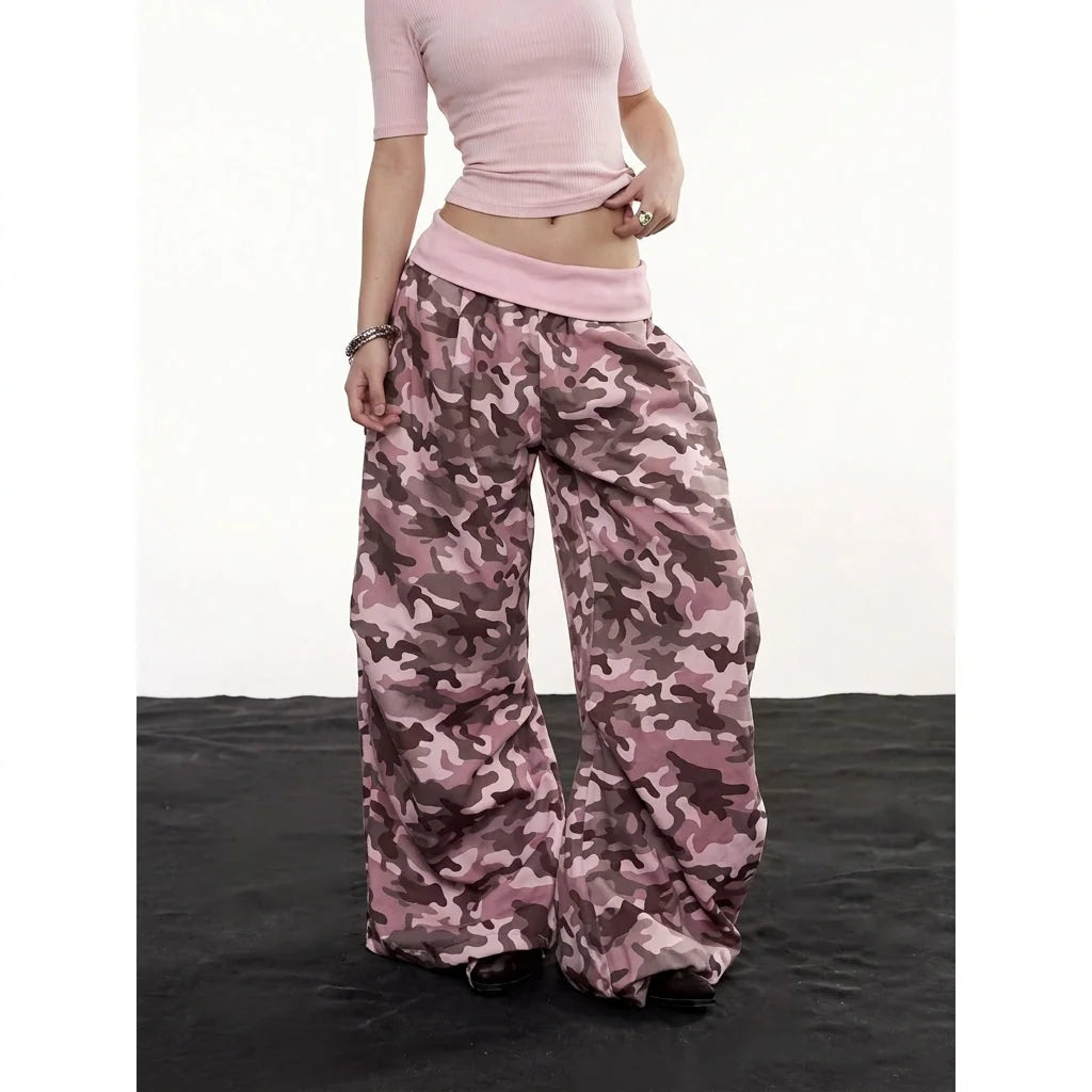 Pink Women's Wide-Leg Camo Cargo Pants with Drawstring Waist & Cargo Pockets