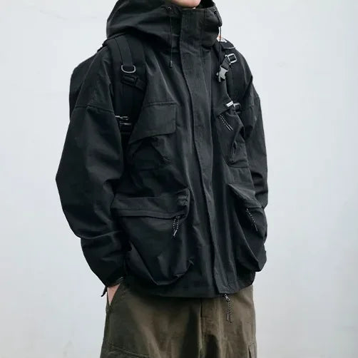 Men's Cargo Windbreaker with Oversized Pockets & Adjustable Straps - Side Detail