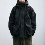 Black Men's Cargo Windbreaker with Oversized Pockets & Adjustable Straps