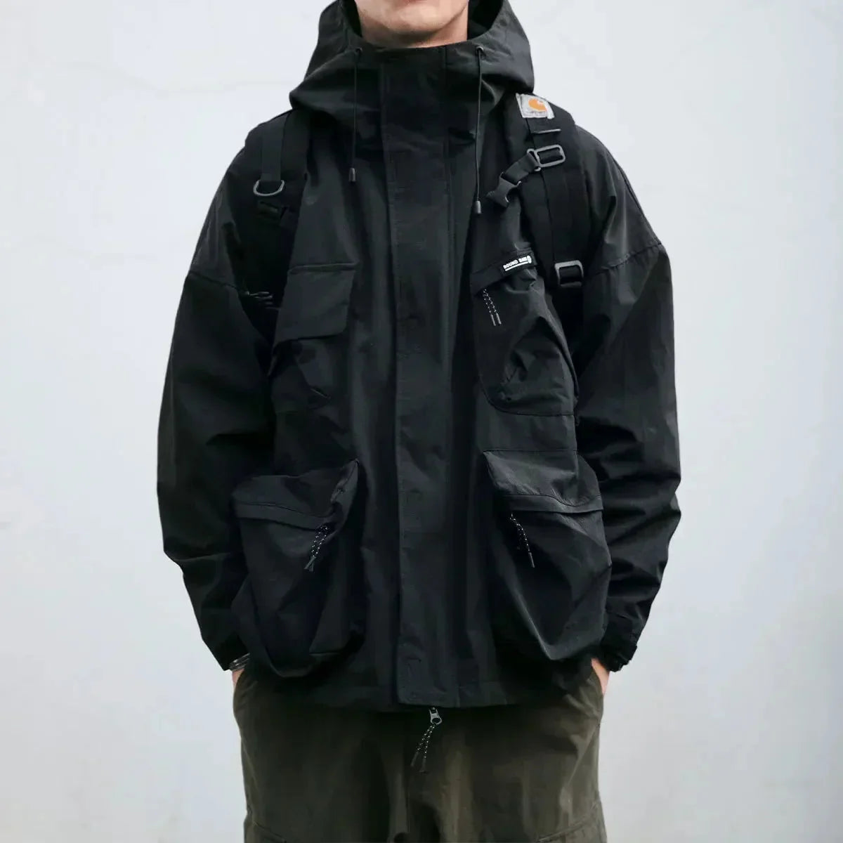 Black Men's Cargo Windbreaker with Oversized Pockets & Adjustable Straps