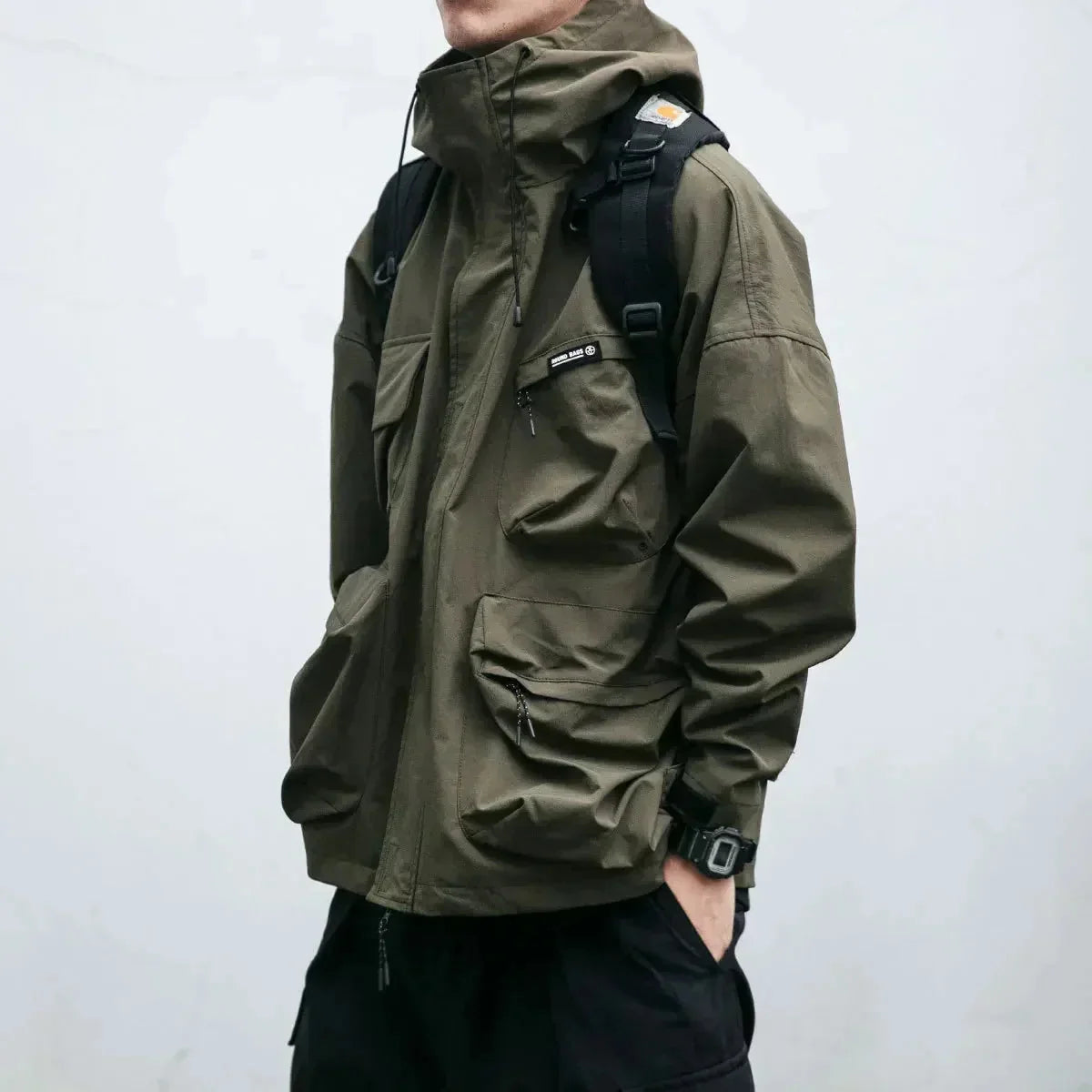 Men's Cargo Windbreaker with Oversized Pockets & Adjustable Straps