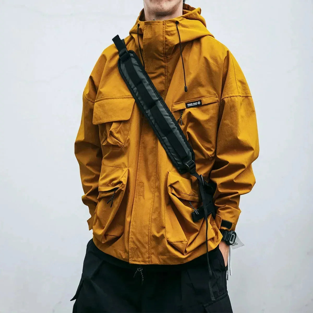 Yellow Men's Cargo Windbreaker with Oversized Pockets & Adjustable Straps