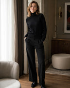 Black Women's Cashmere Turtleneck Sweater with Ribbed Collar & Regular Fit - Front Full Outfit