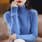 Blue Women's Cashmere Turtleneck Sweater with Ribbed Collar & Regular Fit - Close Up Neckline
