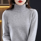 Grey Women's Cashmere Turtleneck Sweater with Ribbed Collar & Regular Fit - Close Up Neckline
