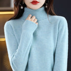 Light Blue Women's Cashmere Turtleneck Sweater with Ribbed Collar & Regular Fit - Close Up Collar