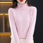 Light Pink Women's Cashmere Turtleneck Sweater with Ribbed Collar & Regular Fit - Close Up Collar