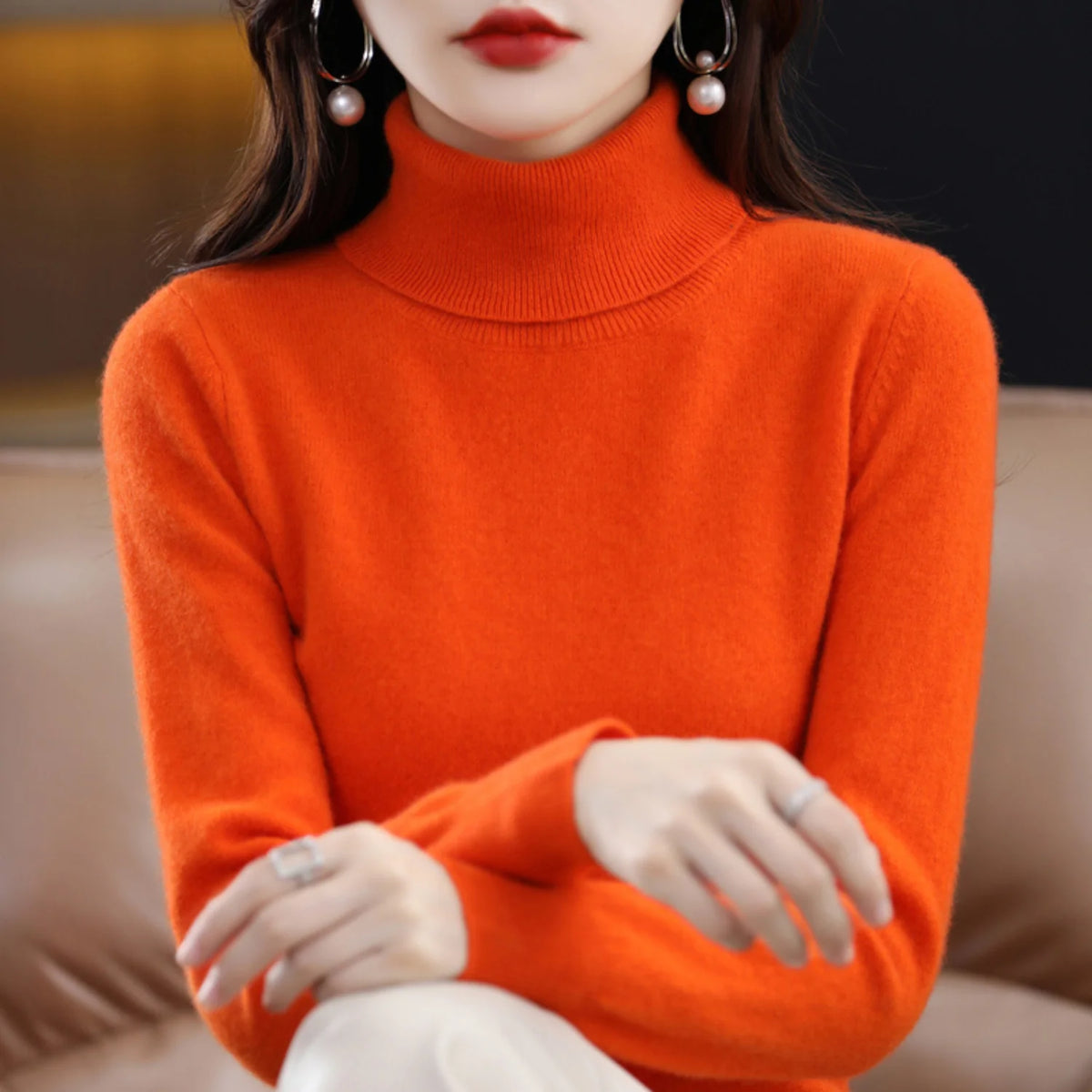 Orange Women's Cashmere Turtleneck Sweater with Ribbed Collar & Regular Fit - Close Up Arms Crossed