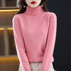 Pink Women's Cashmere Turtleneck Sweater with Ribbed Collar & Regular Fit - Close Up Neckline