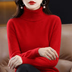 Red Women's Cashmere Turtleneck Sweater with Ribbed Collar & Regular Fit - Close Up Neckline