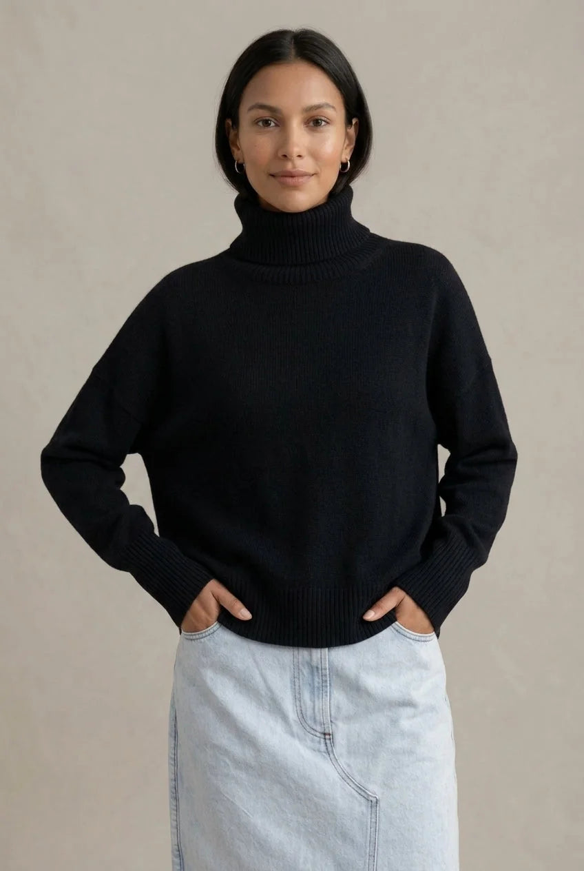Black Women's Cashmere Turtleneck Sweater with Ribbed Cuffs & Oversized Fit