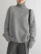 Women's Cashmere Turtleneck Sweater with Ribbed Cuffs & Relaxed Fit - Front Smile Pose