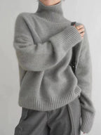 Grey Women's Cashmere Turtleneck Sweater with Ribbed Cuffs & Relaxed Fit - Front Strap Detail