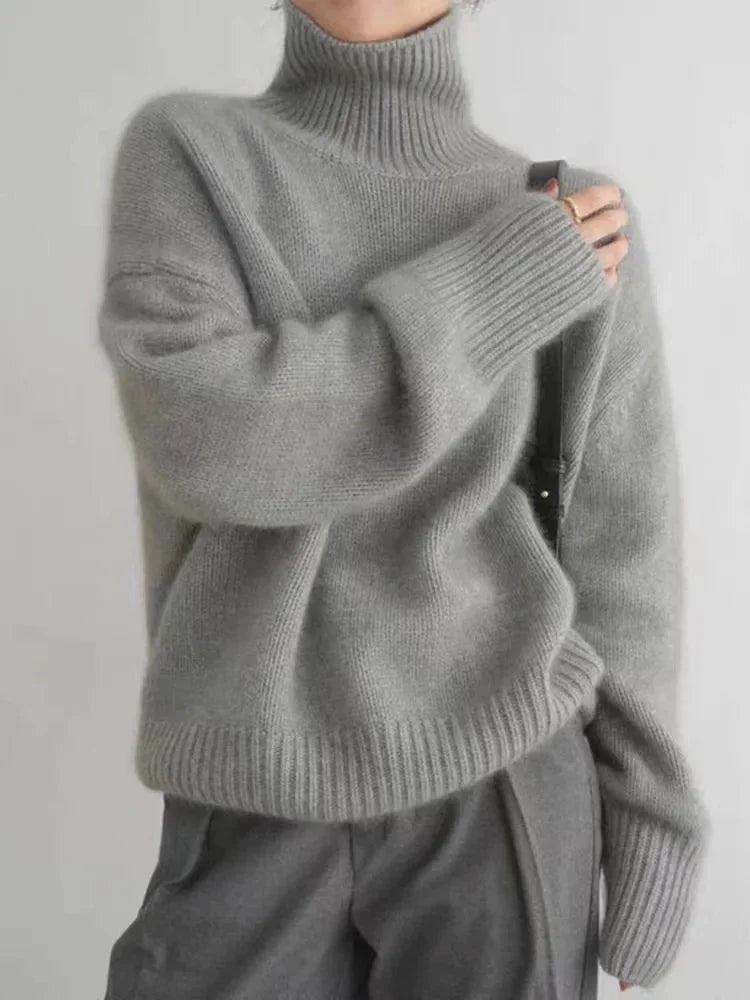 Grey Women's Cashmere Turtleneck Sweater with Ribbed Cuffs & Relaxed Fit - Front Strap Detail