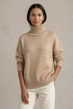 Khaki Women's Cashmere Turtleneck Sweater with Ribbed Cuffs & Oversized Fit — Nellie