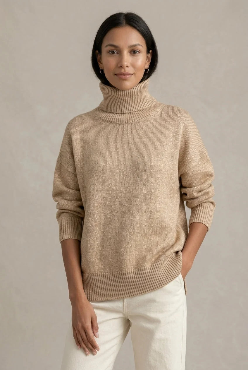 Khaki Women's Cashmere Turtleneck Sweater with Ribbed Cuffs & Oversized Fit — Nellie