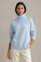 Light Blue Women's Cashmere Turtleneck Sweater with Ribbed Cuffs & Oversized Fit