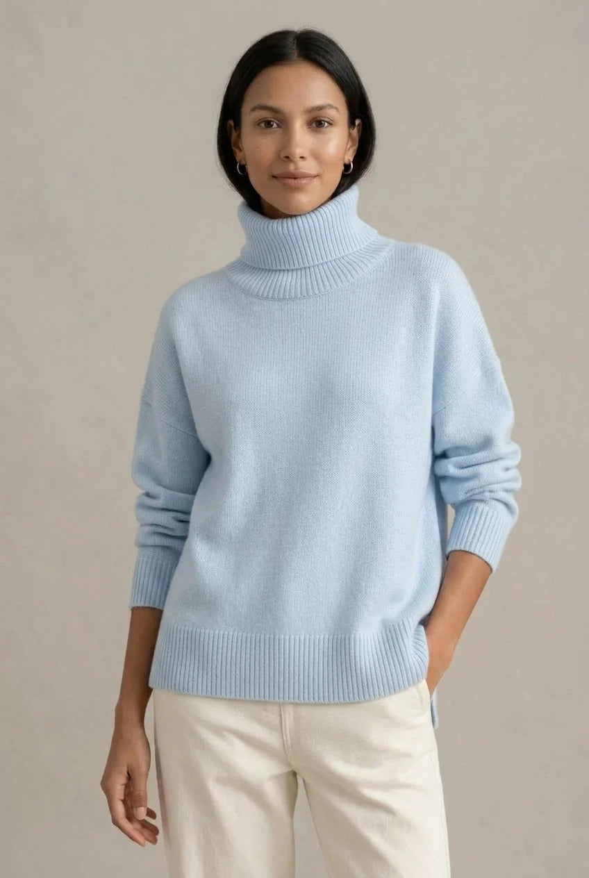 Light Blue Women's Cashmere Turtleneck Sweater with Ribbed Cuffs & Oversized Fit