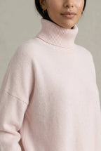 Pink Women's Cashmere Turtleneck Sweater with Ribbed Cuffs & Oversized Fit — Nellie - Close Up Neckline