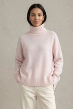 Pink Women's Cashmere Turtleneck Sweater with Ribbed Cuffs & Oversized Fit
