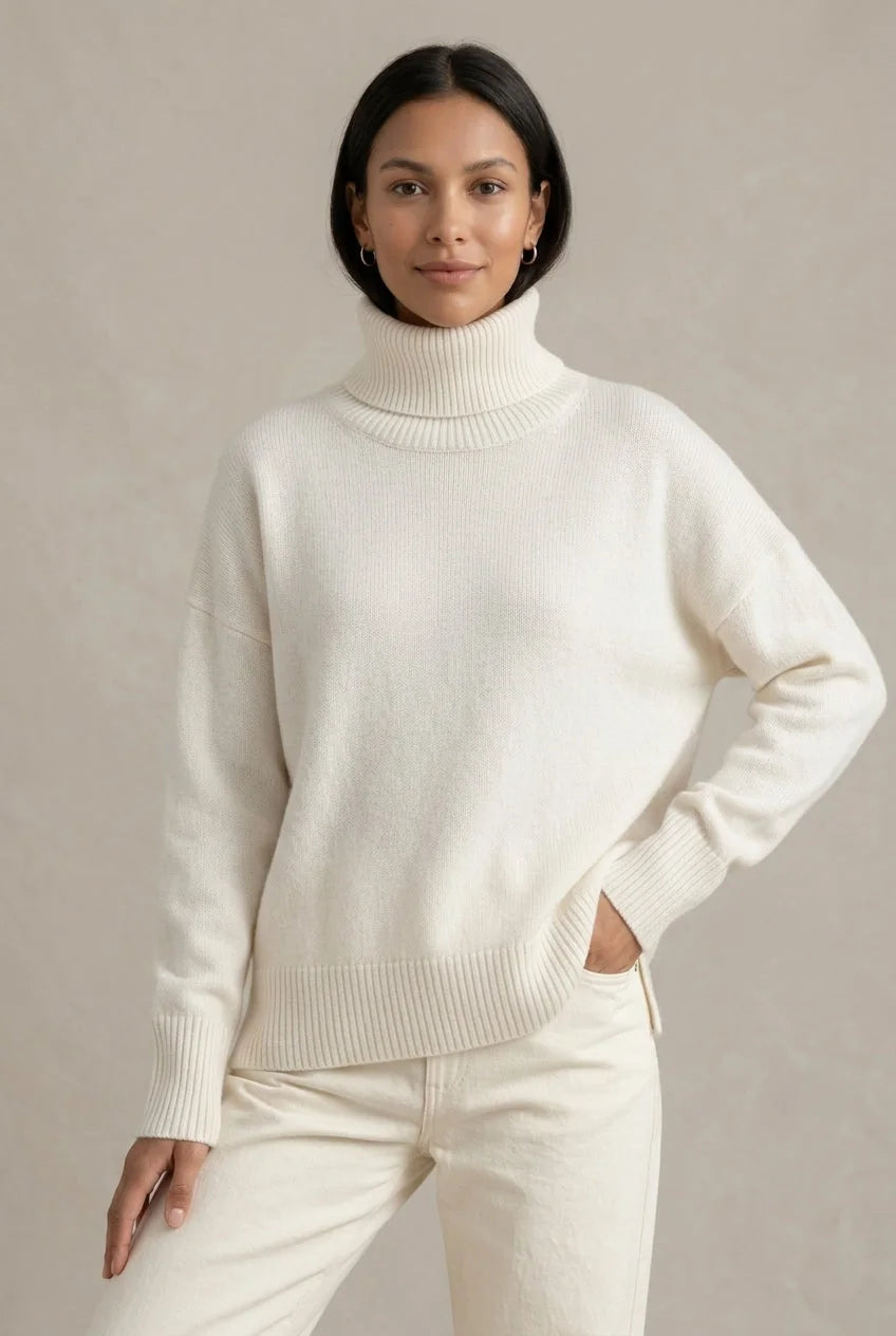 White Women's Cashmere Turtleneck Sweater with Ribbed Cuffs & Oversized Fit
