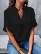 Black Women's Casual Blouse with Split Flutter Sleeves & Notch Neckline — Darcy - Front Pose