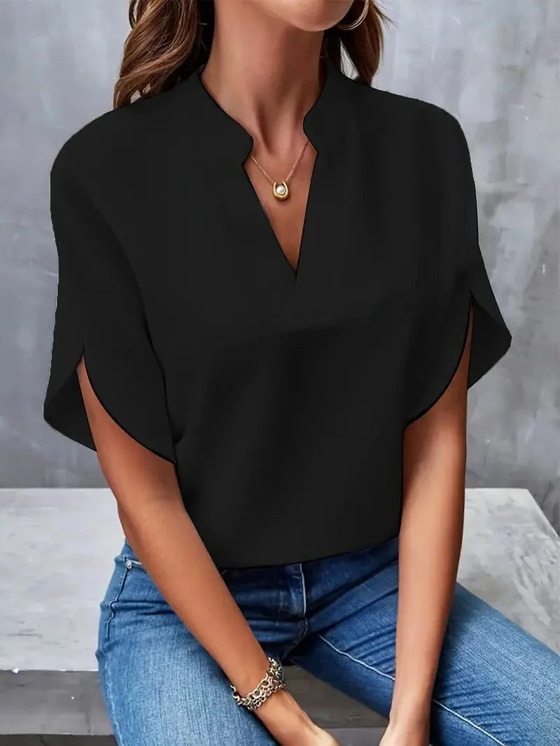 Black Women's Casual Blouse with Split Flutter Sleeves & Notch Neckline — Darcy - Front Pose