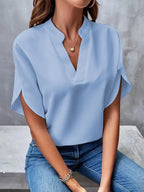 Blue Women's Casual Blouse with Split Flutter Sleeves & Notch Neckline - Front View