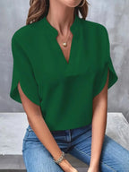 Green Women's Casual Blouse with Split Flutter Sleeves & Notch Neckline - Front Portrait