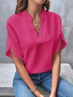 Pink Women's Casual Blouse with Split Flutter Sleeves & Notch Neckline - Front Detail