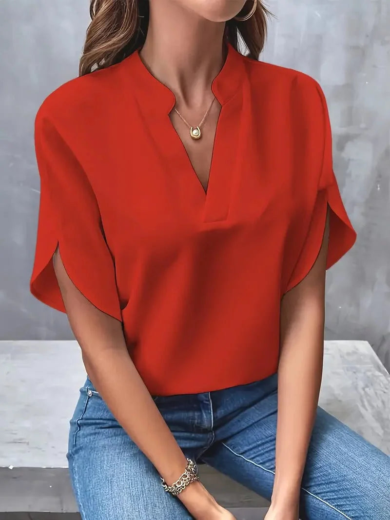 Red Women's Casual Blouse with Split Flutter Sleeves & Notch Neckline - Front Standing