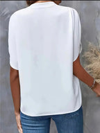 White Women's Casual Blouse with Split Flutter Sleeves & Notch Neckline — Darcy - Back Detail