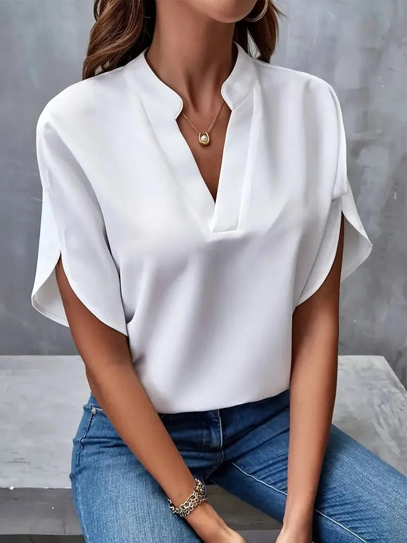 White Women's Casual Blouse with Split Flutter Sleeves & Notch Neckline — Darcy - Front Full