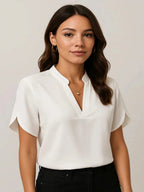 White Women's Casual Blouse with Split Flutter Sleeves & Notch Neckline — Darcy - Studio