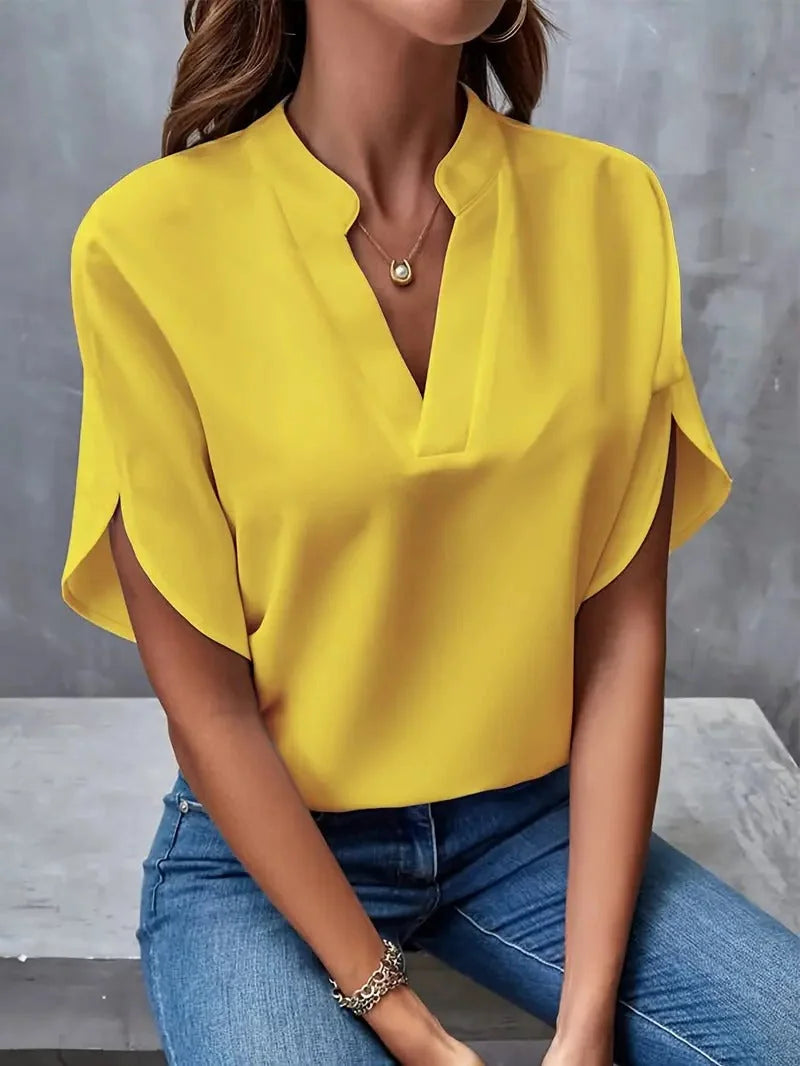 Yellow Women's Casual Blouse with Split Flutter Sleeves & Notch Neckline — Darcy - Front Closeup