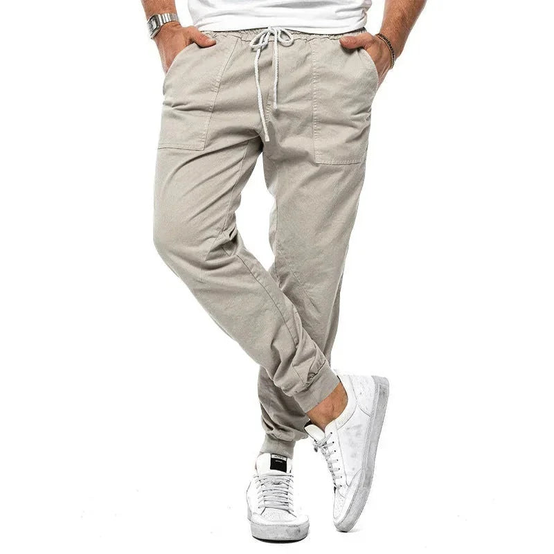 Beige Men's Casual Cargo Jogger Pants with Drawstring Waist