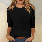 Black Women's Casual Top with Three-Quarter Sleeves & Round Neckline