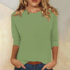 Green Women's Casual Top with Three-Quarter Sleeves & Round Neckline