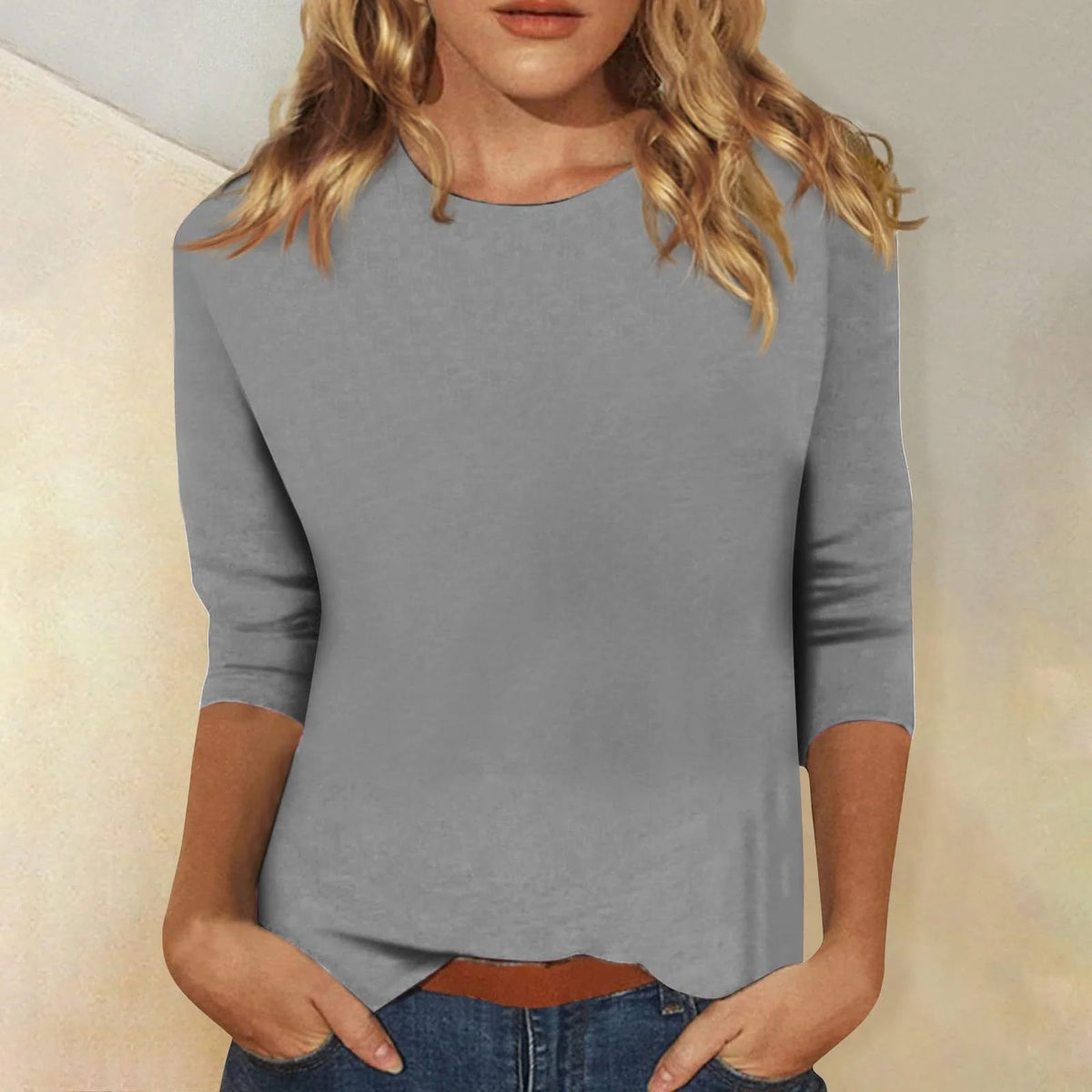 Grey Women's Casual Top with Three-Quarter Sleeves & Round Neckline