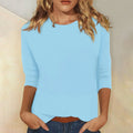 Light Blue Women's Casual Top with Three-Quarter Sleeves & Round Neckline