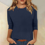Navy Blue Women's Casual Top with Three-Quarter Sleeves & Round Neckline - Casual Pose